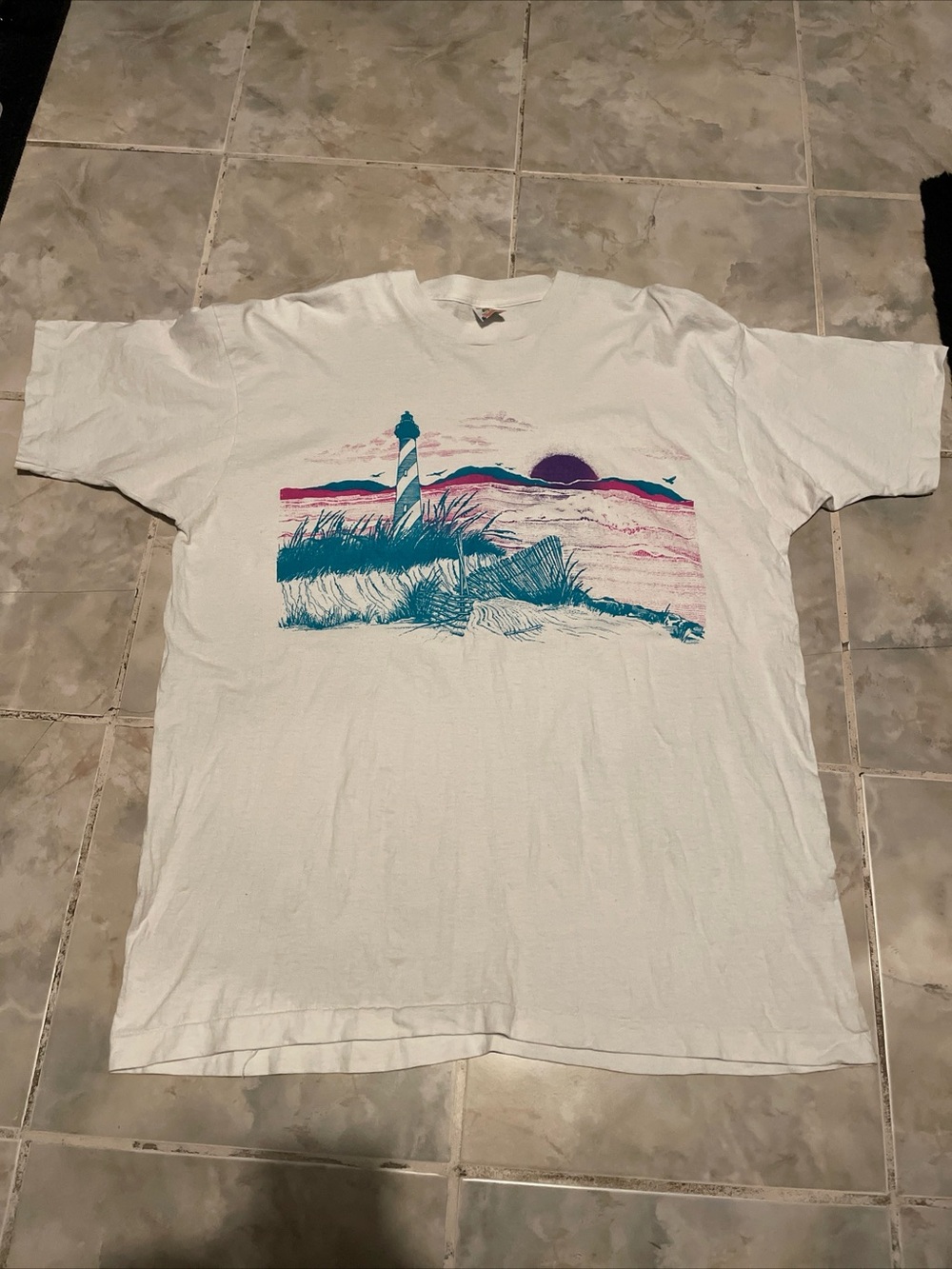 Vintage 90s Lighthouse Ocean Front Coastal Sunset Sand T-Shirt Single Stitch XXL